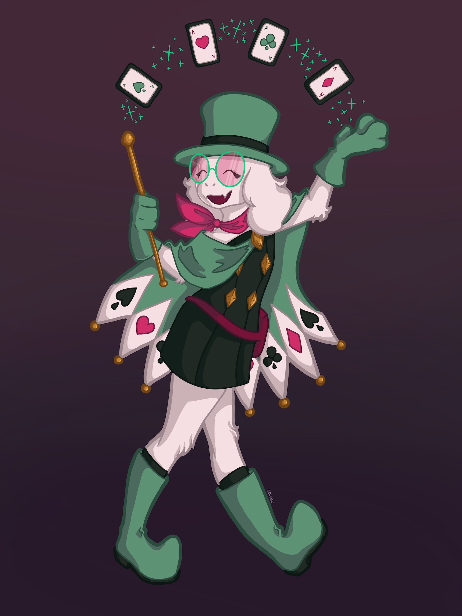 white anthropomorphic goat in a green top hat, cape, boots, and gloves with pink sunglasses and a wand with four playing cards above him
